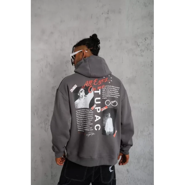 Erkek Ön Arka Baskılı Kapşonlu Sweat - Gri