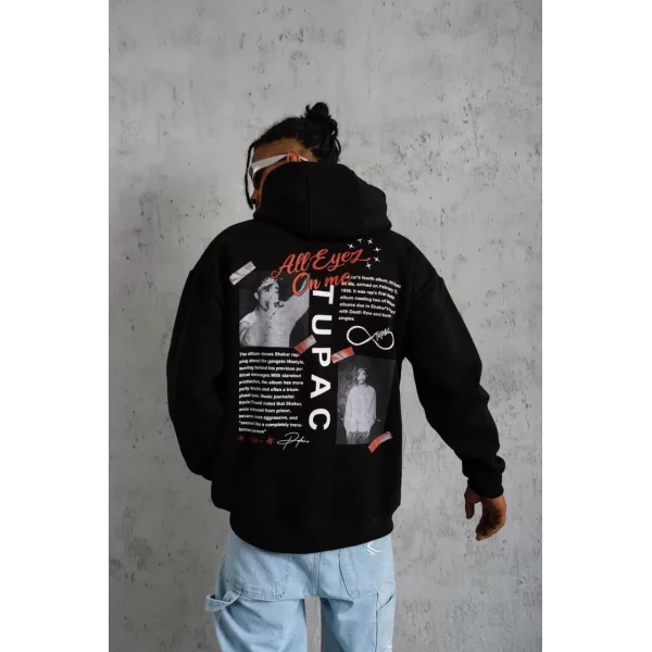 Erkek Ön Arka Baskılı Kapşonlu Sweat - Siyah