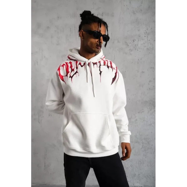 Erkek Ön ve Arka Baskılı Kapüşonlu 3 İplik Sweatshirt - Beyaz