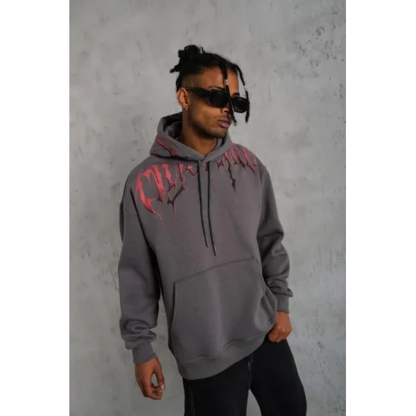 Erkek Ön Ve Arka Baskılı Kapüşonlu 3 İplik Sweatshirt - Füme