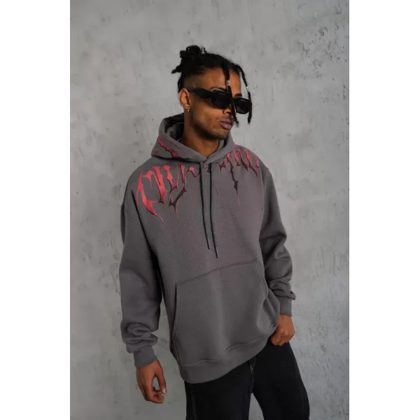 Erkek Ön ve Arka Baskılı Kapüşonlu 3 İplik Sweatshirt - Füme