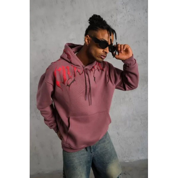 Erkek Ön ve Arka Baskılı Kapüşonlu 3 İplik Sweatshirt - Gül Kurusu