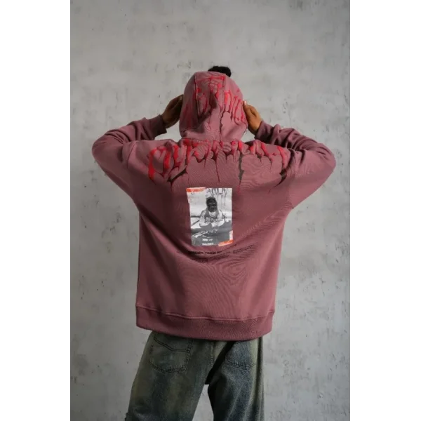 Erkek Ön Ve Arka Baskılı Kapüşonlu 3 İplik Sweatshirt - Gül Kurusu