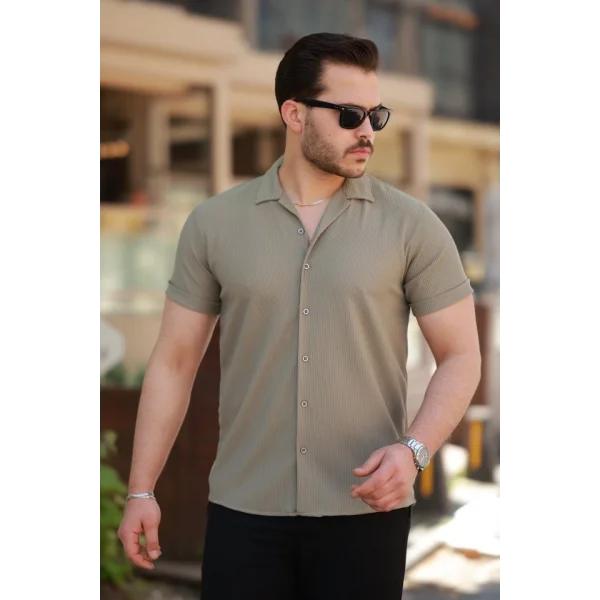 Erkek Ottoman Kumaş Apaj Yaka Kısa Kollu Gömlek