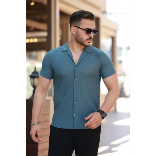 Erkek Ottoman Kumaş Apaj Yaka Kısa Kollu Gömlek