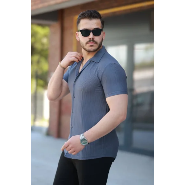 Erkek Ottoman Kumaş Apaj Yaka Kısa Kollu Gömlek