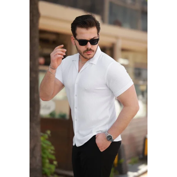 Erkek Ottoman Kumaş Apaj Yaka Kısa Kollu Gömlek