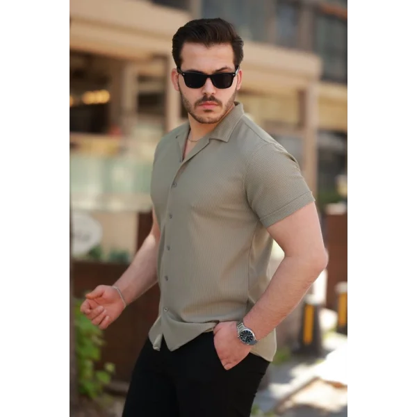 Erkek Ottoman Kumaş Apaj Yaka Kısa Kollu Gömlek