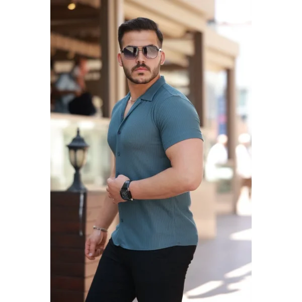 Erkek Ottoman Kumaş Apaj Yaka Kısa Kollu Gömlek