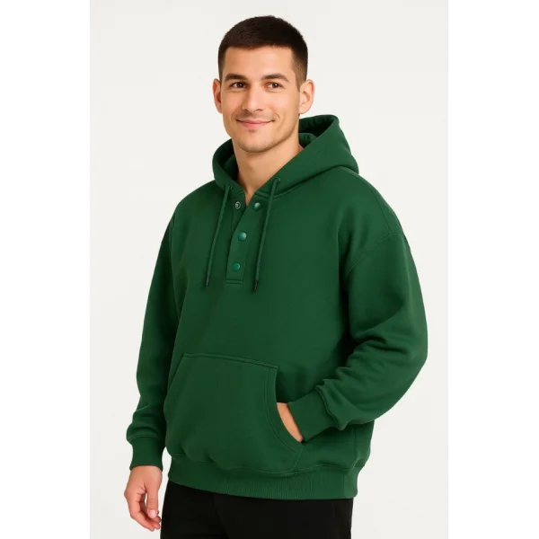 Erkek Ovarsize Kapüşonlu Swetshirt Kanguru Çepli Cıtcıtlı 3 Iplik Şardonlu Hoodie - Haki