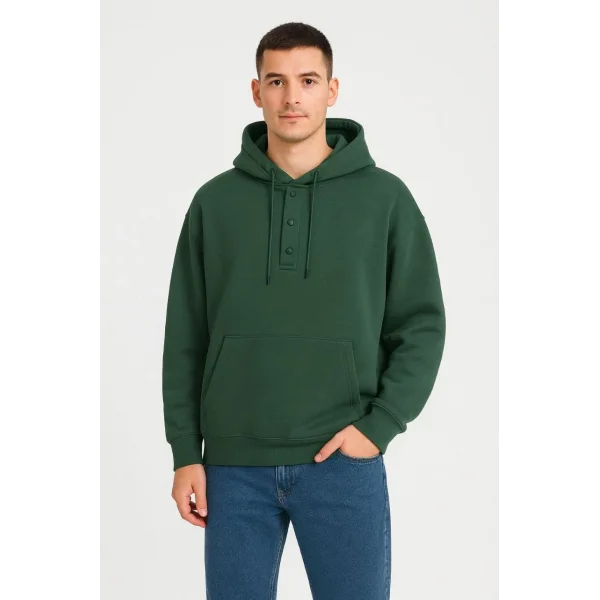 Erkek Ovarsize Kapüşonlu Swetshirt Kanguru Çepli Cıtcıtlı 3 iplik Şardonlu Hoodie - Haki