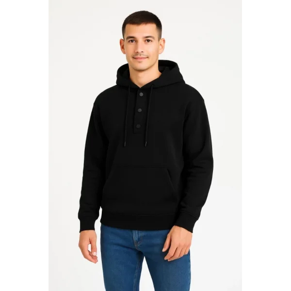 Erkek Ovarsize Kapüşonlu Swetshirt Kanguru Çepli Cıtcıtlı 3 Iplik Şardonlu Hoodie - Siyah