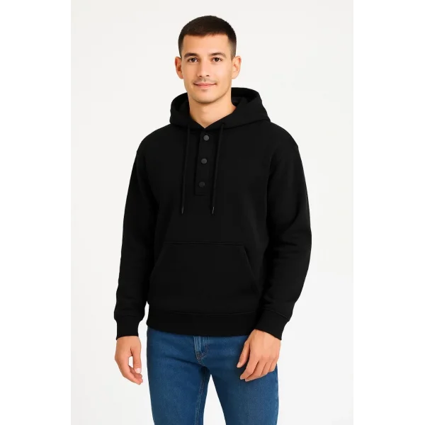 Erkek Ovarsize Kapüşonlu Swetshirt Kanguru Çepli Cıtcıtlı 3 iplik Şardonlu Hoodie - Siyah