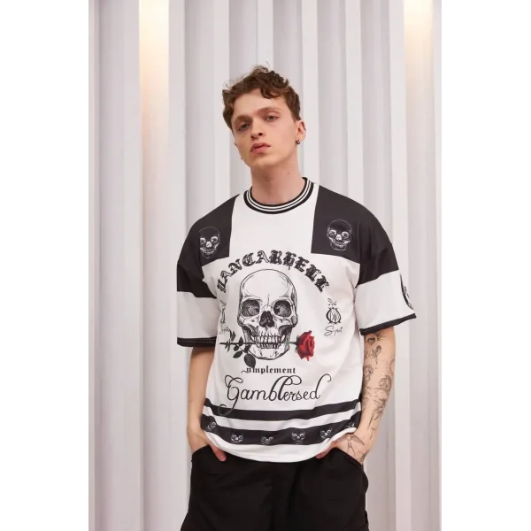 Erkek Oversize Dijital Baskılı Kuru Kafa T-shirt - Beyaz