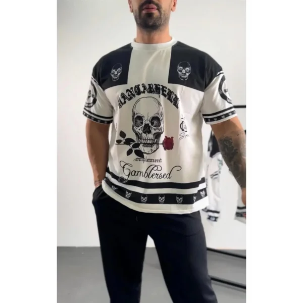 Erkek Oversize Dijital Baskılı Kuru Kafa T-shirt - Beyaz
