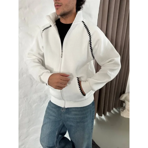 Erkek Oversize Dik Yaka Fermuarlı Sweatshirt - Zincir Nakışli Kanguru Cepli - Beyaz