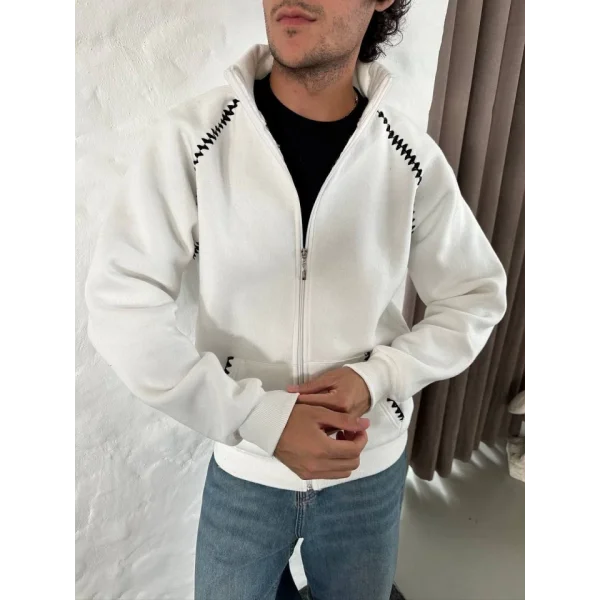 Erkek Oversize Dik Yaka Fermuarlı Sweatshirt - Zincir Nakışli Kanguru Cepli - Beyaz
