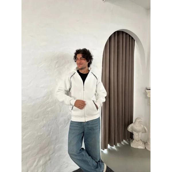 Erkek Oversize Dik Yaka Fermuarlı Sweatshirt - Zincir Nakışli Kanguru Cepli - Beyaz