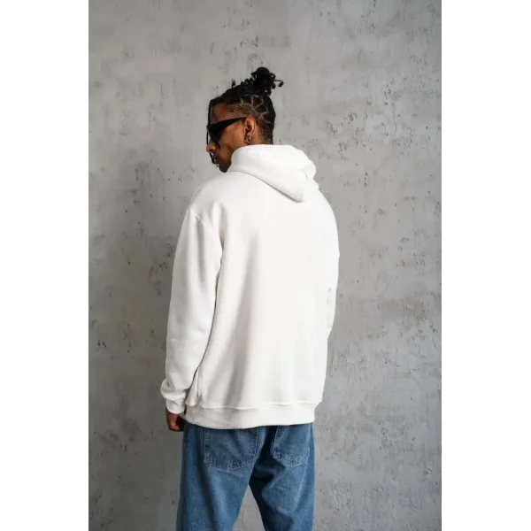 Erkek Oversize Kapüşonlu Sweatshirt – Beyaz Renk Üç İplik İçi Pamuklu Kanguru Cepli Baskılı Hoodie Rahat Kalıp Kışlık Günlük Kombinlere Uygun - Beyaz