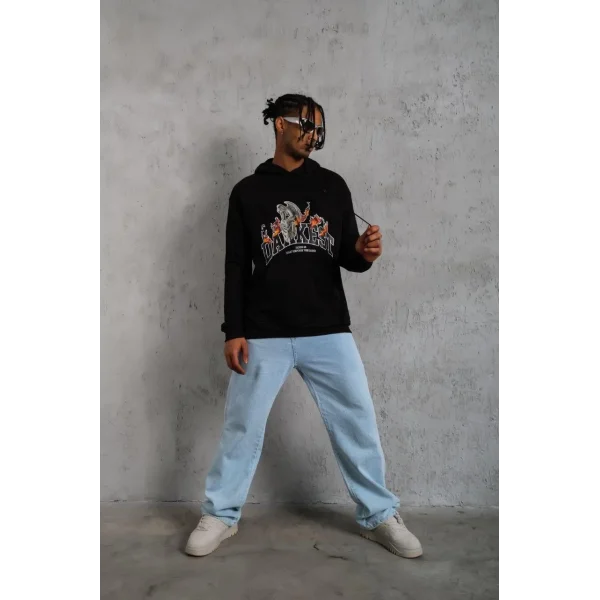 Erkek Oversize Kapüşonlu Sweatshirt – Siyah Renk Üç İplik İçi Pamuklu Kanguru Cepli Baskılı Hoodie Rahat Kalıp Kışlık Günlük Kombinlere Uygun - Siyah