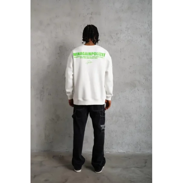 Erkek Oversize Sweatshirt – Beyaz Renk | Ön ve Sırt Baskılı, Üç İplik İçi Pamuklu Kumaş, Rahat Kalıp, Ribanalı Kışlık Sweat | Winagain Polizei Serisi - Beyaz