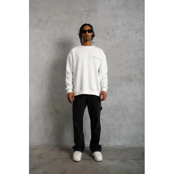 Erkek Oversize Sweatshirt – Beyaz Renk  Ön Ve Sırt Baskılı, Üç İplik İçi Pamuklu Kumaş, Rahat Kalıp, Ribanalı Kışlık Sweat  Winagain Polizei Serisi - Beyaz