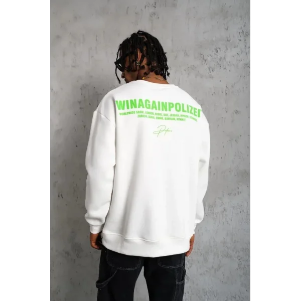 Erkek Oversize Sweatshirt – Beyaz Renk | Ön ve Sırt Baskılı, Üç İplik İçi Pamuklu Kumaş, Rahat Kalıp, Ribanalı Kışlık Sweat | Winagain Polizei Serisi - Beyaz