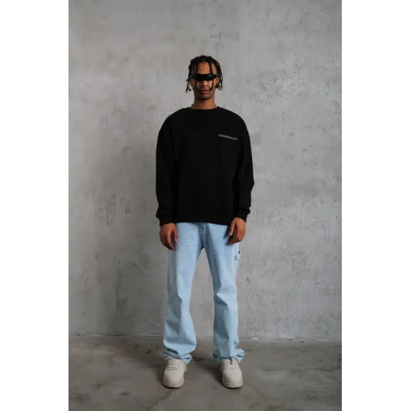 Erkek Oversize Sweatshirt – Siyah Renk | Ön ve Sırt Baskılı, Üç İplik İçi Pamuklu Kumaş, Rahat Kalıp, Ribanalı Kışlık Sweat | Winagain Polizei Serisi - Siyah