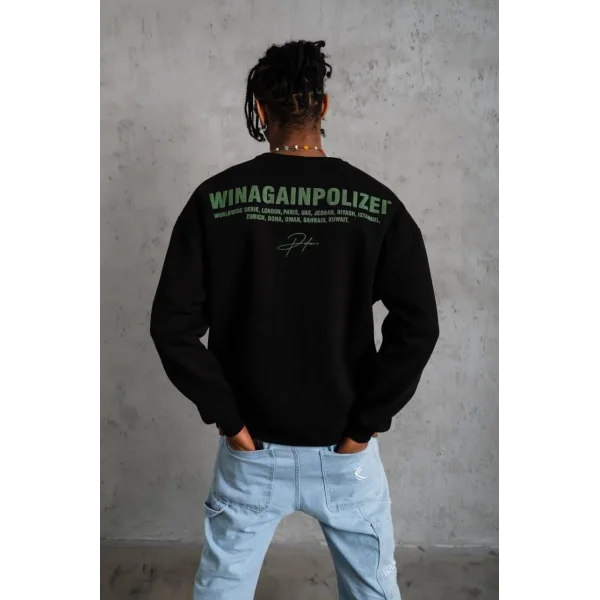 Erkek Oversize Sweatshirt – Siyah Renk | Ön ve Sırt Baskılı, Üç İplik İçi Pamuklu Kumaş, Rahat Kalıp, Ribanalı Kışlık Sweat | Winagain Polizei Serisi - Siyah