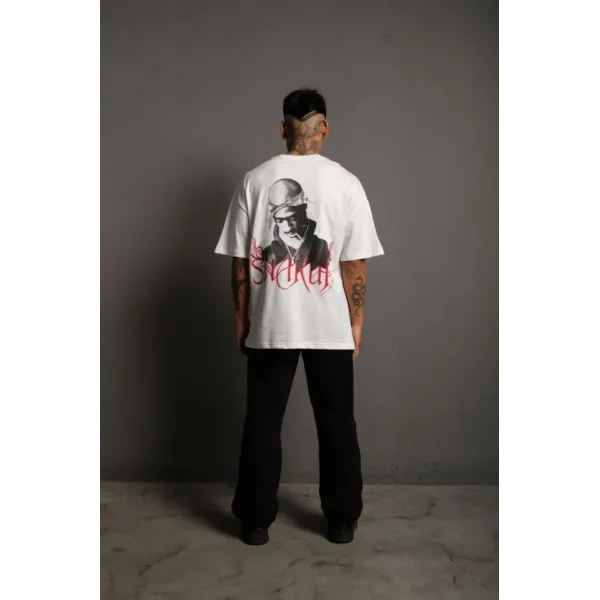 Erkek Oversize Tişört – Beyaz 24/1 Penye Kumaş, Bisiklet Yaka, Ön - Arka Baskılı, Streetwear Tarzı Rahat Büyük Kalıp T-Shirt- Beyaz