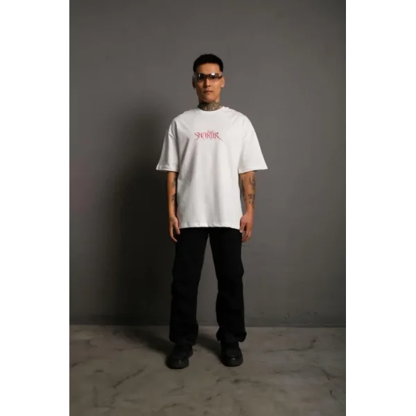 Erkek Oversize Tişört – Beyaz 24/1 Penye Kumaş, Bisiklet Yaka, Ön - Arka Baskılı, Streetwear Tarzı Rahat Büyük Kalıp T-Shirt- Beyaz