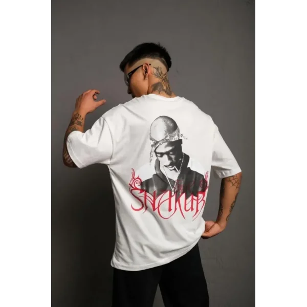 Erkek Oversize Tişört – Beyaz 24/1 Penye Kumaş, Bisiklet Yaka, Ön - Arka Baskılı, Streetwear Tarzı Rahat Büyük Kalıp T-Shirt- Beyaz