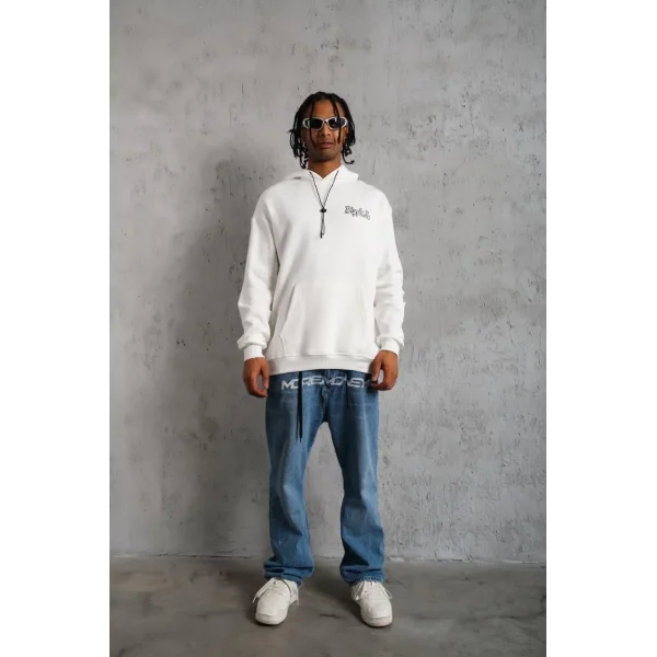 Erkek Oversize Üç İplik Kapüşonlu Sweat – Kol ve Etek Ribana Detaylı, Ön ve Sırt Baskılı, Kanguru Cepli Rahat Kalıp Model - Beyaz