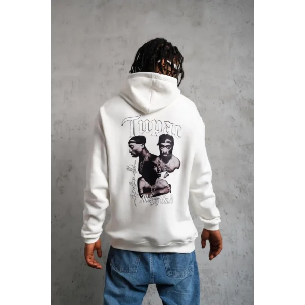 Erkek Oversize Üç İplik Kapüşonlu Sweat – Kol Ve Etek Ribana Detaylı, Ön Ve Sırt Baskılı, Kanguru Cepli Rahat Kalıp Model - Beyaz