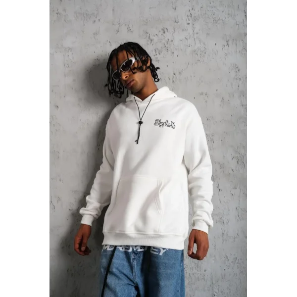 Erkek Oversize Üç İplik Kapüşonlu Sweat – Kol ve Etek Ribana Detaylı, Ön ve Sırt Baskılı, Kanguru Cepli Rahat Kalıp Model - Beyaz