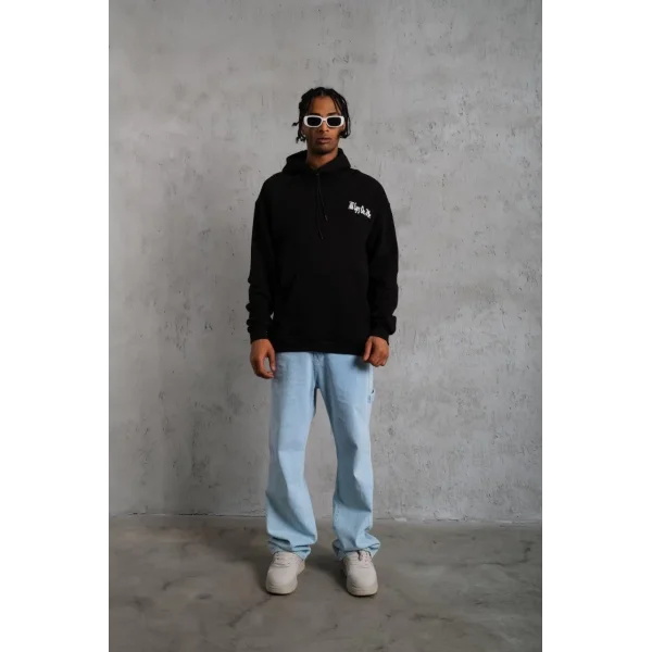 Erkek Oversize Üç İplik Kapüşonlu Sweat – Siyah Kol ve Etek Ribana Detaylı, Ön ve Sırt Baskılı, Kanguru Cepli Rahat Kalıp Model