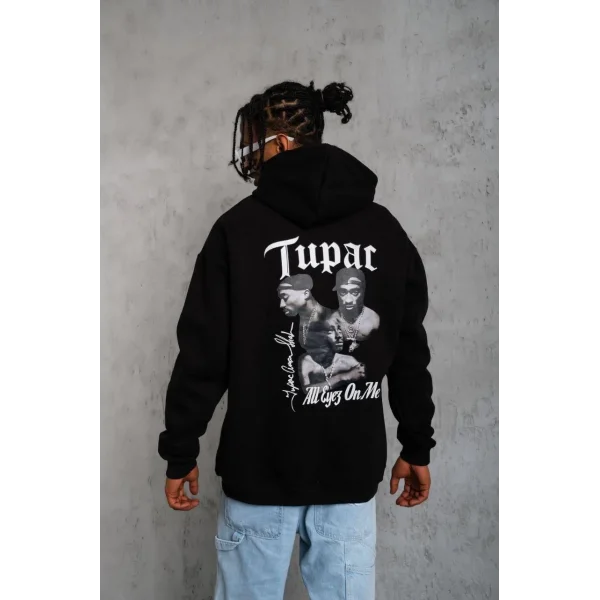 Erkek Oversize Üç İplik Kapüşonlu Sweat – Siyah Kol ve Etek Ribana Detaylı, Ön ve Sırt Baskılı, Kanguru Cepli Rahat Kalıp Model