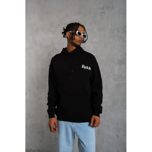 Erkek Oversize Üç İplik Kapüşonlu Sweat – Siyah Kol Ve Etek Ribana Detaylı, Ön Ve Sırt Baskılı, Kanguru Cepli Rahat Kalıp Model