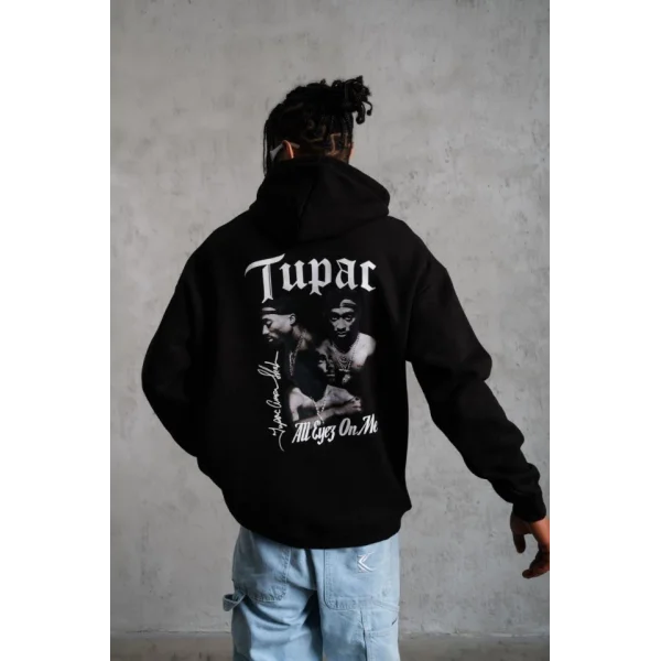 Erkek Oversize Üç İplik Kapüşonlu Sweat – Siyah Kol Ve Etek Ribana Detaylı, Ön Ve Sırt Baskılı, Kanguru Cepli Rahat Kalıp Model