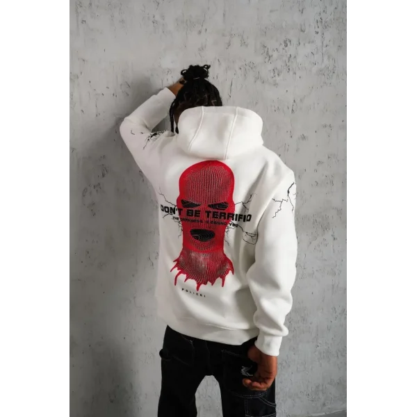 Erkek Oversize Üç İplik Kapüşonlu Sweatshirt – “Don’t Be Terrified” Ön, Sırt ve Kol Baskılı, Kanguru Cepli, Ribanalı Rahat Model - Beyaz