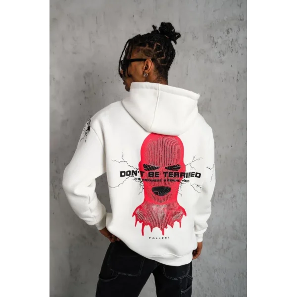 Erkek Oversize Üç İplik Kapüşonlu Sweatshirt – “Don’t Be Terrified” Ön, Sırt ve Kol Baskılı, Kanguru Cepli, Ribanalı Rahat Model - Beyaz