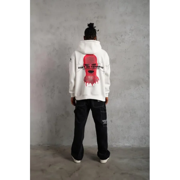 Erkek Oversize Üç İplik Kapüşonlu Sweatshirt – “Don’t Be Terrified” Ön, Sırt ve Kol Baskılı, Kanguru Cepli, Ribanalı Rahat Model - Beyaz