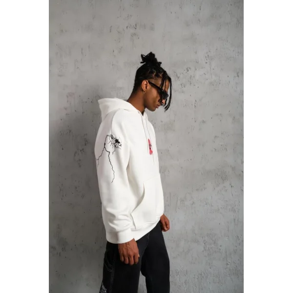 Erkek Oversize Üç İplik Kapüşonlu Sweatshirt – “Don’t Be Terrified” Ön, Sırt ve Kol Baskılı, Kanguru Cepli, Ribanalı Rahat Model - Beyaz