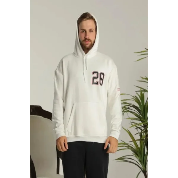 Erkek Oversize Üç İplik Kapüşonlu Sweatshirt –Sırt Ve Ön Baskılı, Kanguru Cepli, Rahat Kalıp Maskot Desenli Model - Siyah Beyaz