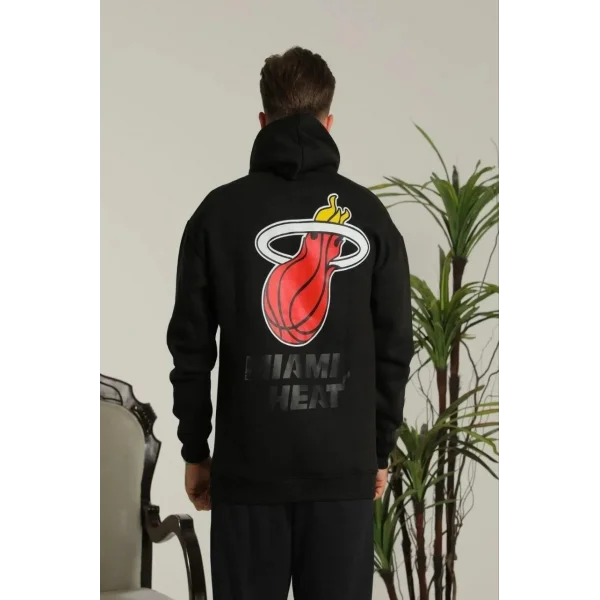 Erkek Oversize Üç İplik Kapüşonlu Sweatshirt –Sırt ve Ön Baskılı, Kanguru Cepli, Rahat Kalıp Maskot Desenli Model - Siyah