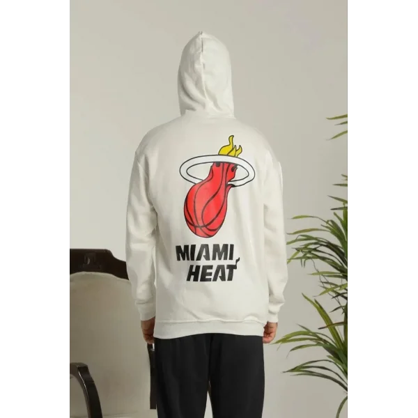 Erkek Oversize Üç İplik Kapüşonlu Sweatshirt –Sırt ve Ön Baskılı, Kanguru Cepli, Rahat Kalıp Maskot Desenli Model - Siyah Beyaz