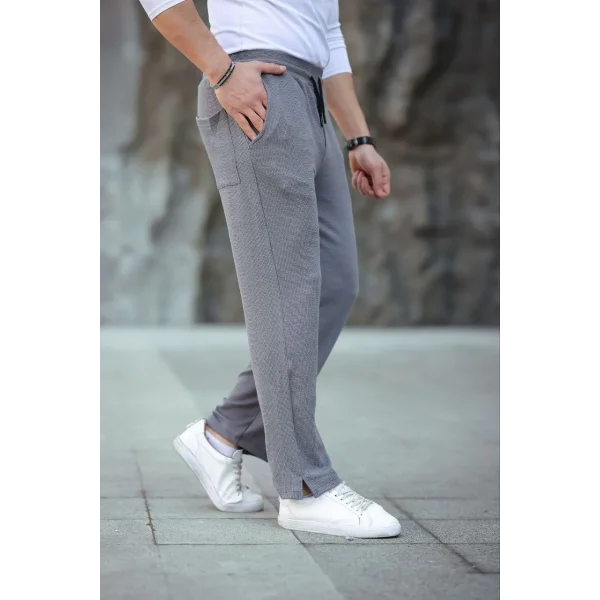 Erkek Paça Yırtmaçlı Burgu selanik dokulu Jogger Buggy Pantalon Rahat kalıp - Gri
