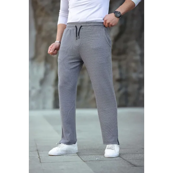 Erkek Paça Yırtmaçlı Burgu selanik dokulu Jogger Buggy Pantalon Rahat kalıp - Gri