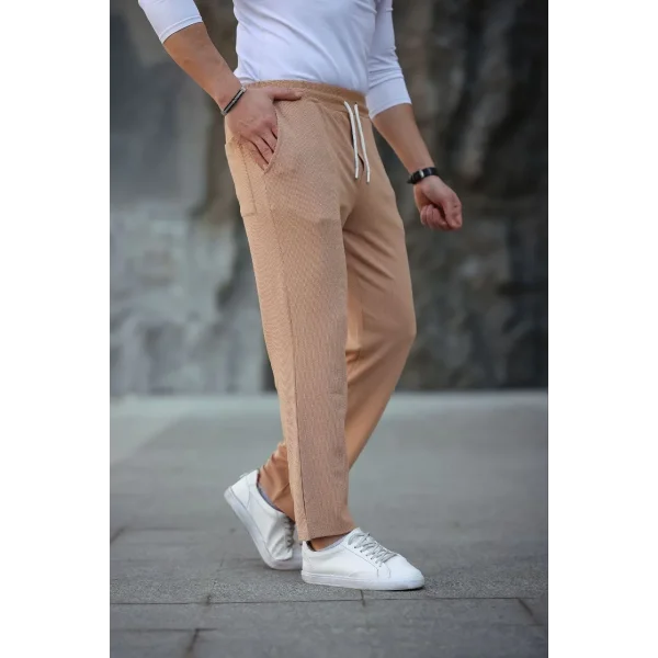 Erkek Paça Yırtmaçlı Burgu selanik dokulu Jogger Buggy Pantalon Rahat kalıp - Kahverengi