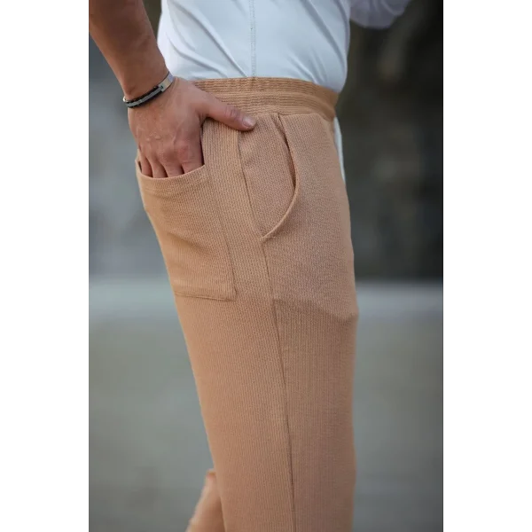 Erkek Paça Yırtmaçlı Burgu selanik dokulu Jogger Buggy Pantalon Rahat kalıp - Kahverengi